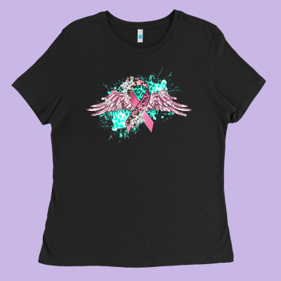 Cancer Ribbon With Angel Wings Ladies Tee Designed By Cowgirlartshop