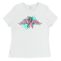 White cancer ribbon with angel wings Ladies Tee - CowGirlArtShop
