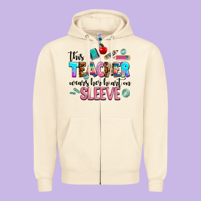 This Teacher Wears Her Heart On Sleeve Zipper Hoodie Designed By Adodesignshop