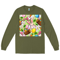 Army Green Easter Hamper With Bunny Seamless Pattern Long Sleeve Tee - BundleAndBundleShop