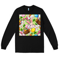 Black Easter Hamper With Bunny Seamless Pattern Long Sleeve Tee - BundleAndBundleShop
