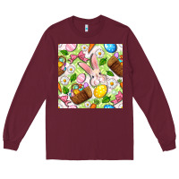 Burgundy Easter Hamper With Bunny Seamless Pattern Long Sleeve Tee - BundleAndBundleShop