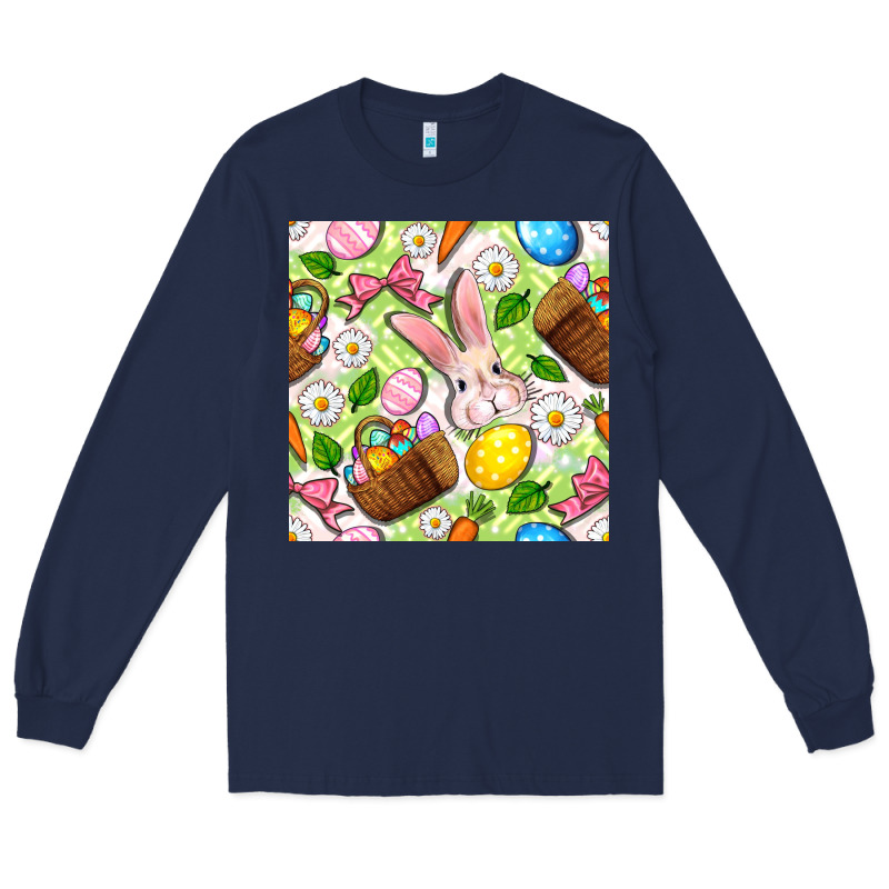 Easter Hamper With Bunny Seamless Pattern Long Sleeve Tee by BundleAndBundleShop | Teevron
