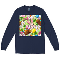 Navy Easter Hamper With Bunny Seamless Pattern Long Sleeve Tee - BundleAndBundleShop