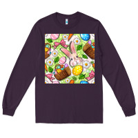 Plum Easter Hamper With Bunny Seamless Pattern Long Sleeve Tee - BundleAndBundleShop