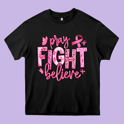 Pray Fight Believe Breast Cancer Heavy Core Tee Designed By Texasbilliewilder