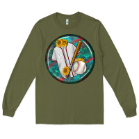 Army Green baseball with sunflower round earrings Long Sleeve Tee - BundleAndBundleShop