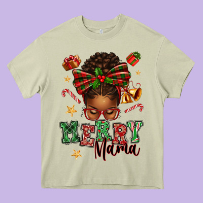 Merry Mama Afro Messy Bun Heavy Core Tee Designed By Texasbilliewilder