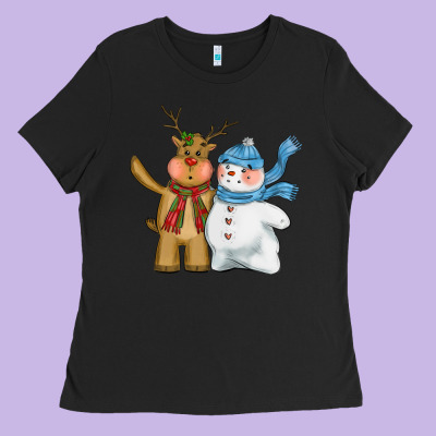 Christmas Reindeer Snowman Ladies Tee Designed By Cowgirlartshop