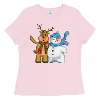 Bubblegum Pink christmas reindeer snowman Ladies Tee - CowGirlArtShop