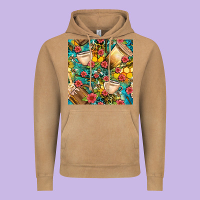 Honey And Bee Coffee Cup With Flowers And Leopard Seamless Pattern Bbs Vintage Hoodie Designed By Bundleandbundleshop
