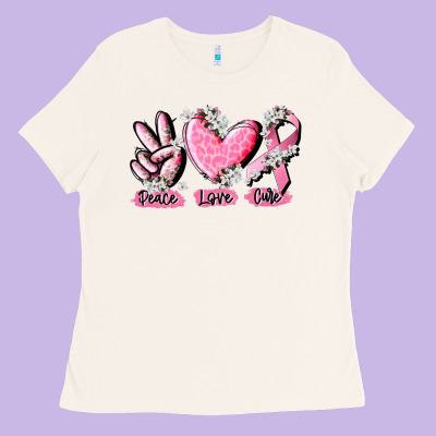 Peace Love Cure Breast Cancer Ladies Tee Designed By Cowgirlartshop