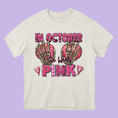 In October We Wear Pink Skeleton Heavy Core Tee Designed By Texasbilliewilder