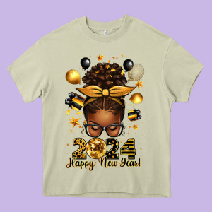 2024 Happy New Year  Afro Messy Bun Heavy Core Tee Designed By Texasbilliewilder