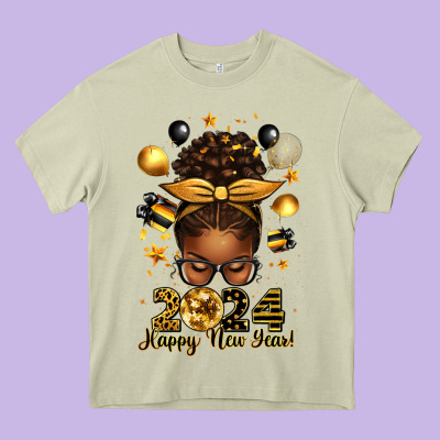 2024 Happy New Year  Afro Messy Bun Heavy Core Tee Designed By Texasbilliewilder