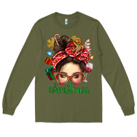 Army Green Christmas Messy Bun With Gingerbread Man Long Sleeve Tee - BundleAndBundleShop