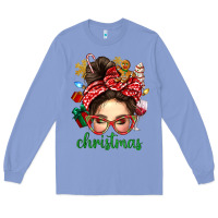 Colony Blue Christmas Messy Bun With Gingerbread Man Long Sleeve Tee - BundleAndBundleShop