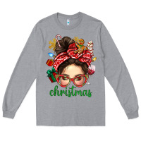 Heather Grey Christmas Messy Bun With Gingerbread Man Long Sleeve Tee - BundleAndBundleShop