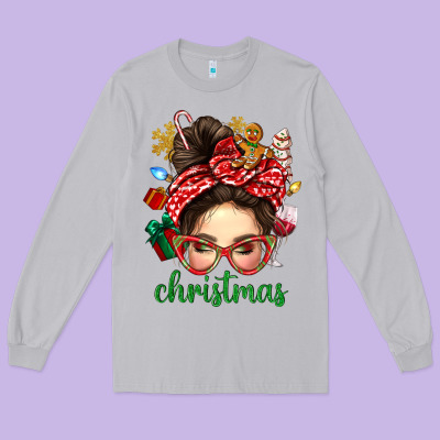 Christmas Messy Bun With Gingerbread Man Long Sleeve Tee Designed By Bundleandbundleshop