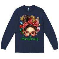 Navy Christmas Messy Bun With Gingerbread Man Long Sleeve Tee - BundleAndBundleShop
