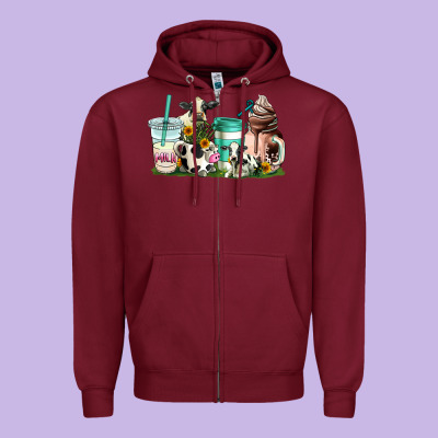 Cow Coffee Cups Zipper Hoodie Designed By Adodesignshop