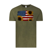 Vintage Olive Distressed Yellow Sunflower American Flag Vintage Tee - Jasminsmagicworld