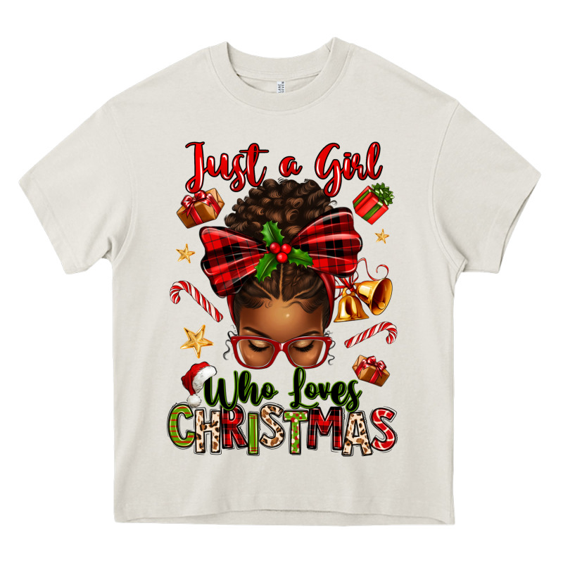 Just A Girl Who Loves Christmas Afro Messy Bun Heavy Core Tee by texasbilliewilder | Teevron