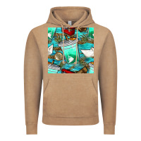 Vintage Coffee fish coffee cups and reeds with paper boat and leopard lake seamless p Vintage Hoodie - BundleAndBundleShop
