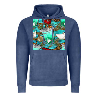 Vintage Denim fish coffee cups and reeds with paper boat and leopard lake seamless p Vintage Hoodie - BundleAndBundleShop