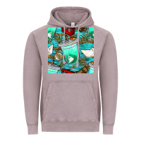 Vintage Zinc fish coffee cups and reeds with paper boat and leopard lake seamless p Vintage Hoodie - BundleAndBundleShop