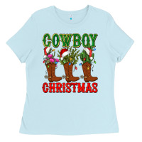 Baby Blue cowboy christmas boots cactus Ladies Tee - CowGirlArtShop
