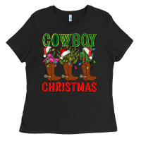 Black cowboy christmas boots cactus Ladies Tee - CowGirlArtShop