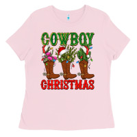 Bubblegum Pink cowboy christmas boots cactus Ladies Tee - CowGirlArtShop