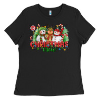 Black christmas crew polar bear reindeer and snowman Ladies Tee - CowGirlArtShop