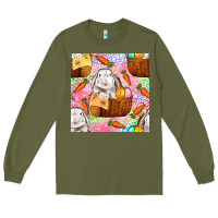 Army Green Easter Bunny With Hamper Seamless Pattern Long Sleeve Tee - BundleAndBundleShop