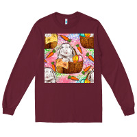 Burgundy Easter Bunny With Hamper Seamless Pattern Long Sleeve Tee - BundleAndBundleShop