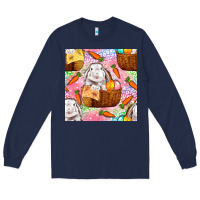 Navy Easter Bunny With Hamper Seamless Pattern Long Sleeve Tee - BundleAndBundleShop