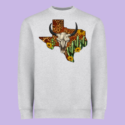 Bull Skull Texas Map Western Heavyweight Sweatshirt Designed By Barkaloodesign