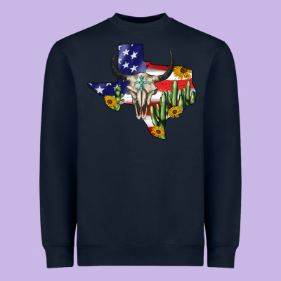 Bull Skull Texas Map American Playng Heavyweight Sweatshirt Designed By Barkaloodesign