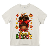 Merry And Bright Christmas Afro Messy Bun Heavy Core Tee | Teevron