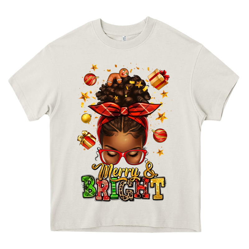 Merry And Bright Christmas Afro Messy Bun Heavy Core Tee by texasbilliewilder | Teevron