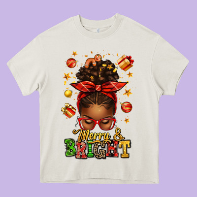 Merry And Bright Christmas Afro Messy Bun Heavy Core Tee Designed By Texasbilliewilder