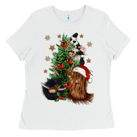 White heifer cow gnomies christmas tree Ladies Tee - CowGirlArtShop