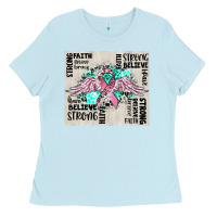 Baby Blue cancer ribbon with angel wings Ladies Tee - CowGirlArtShop