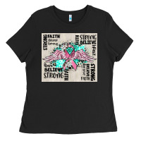 Black cancer ribbon with angel wings Ladies Tee - CowGirlArtShop