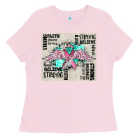 Bubblegum Pink cancer ribbon with angel wings Ladies Tee - CowGirlArtShop