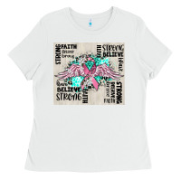 White cancer ribbon with angel wings Ladies Tee - CowGirlArtShop