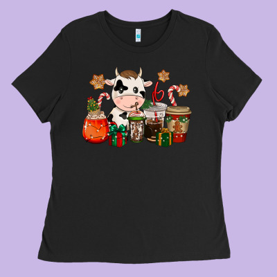 Cow Coffee Cups Christmas Ladies Tee Designed By Cowgirlartshop