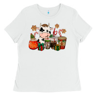 White cow coffee cups christmas Ladies Tee - CowGirlArtShop