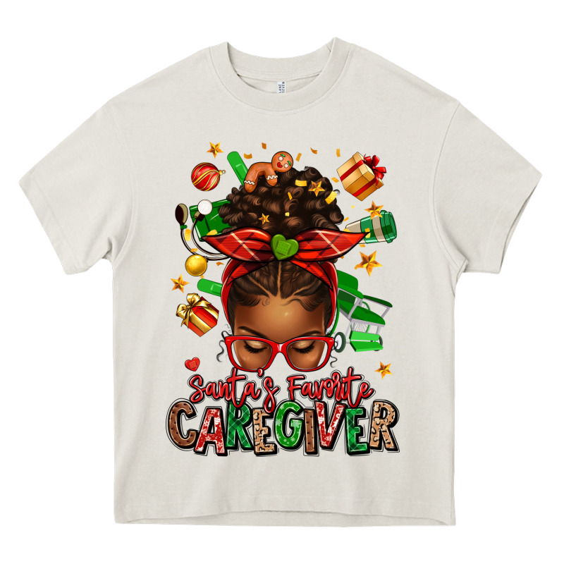 Santas Favorite Caregiver Afro Messy Bun Heavy Core Tee by texasbilliewilder | Teevron